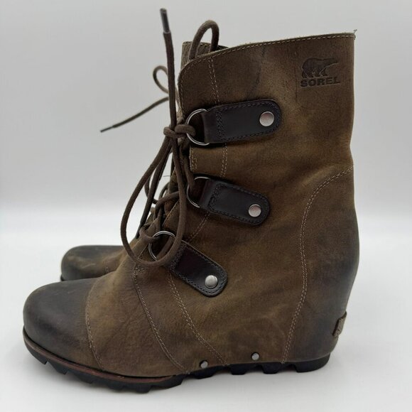 Sorel Joan Of Arctic Wedge Boots Brown Rustic Leather Lace-Up Womens Size 9 - Picture 5 of 9